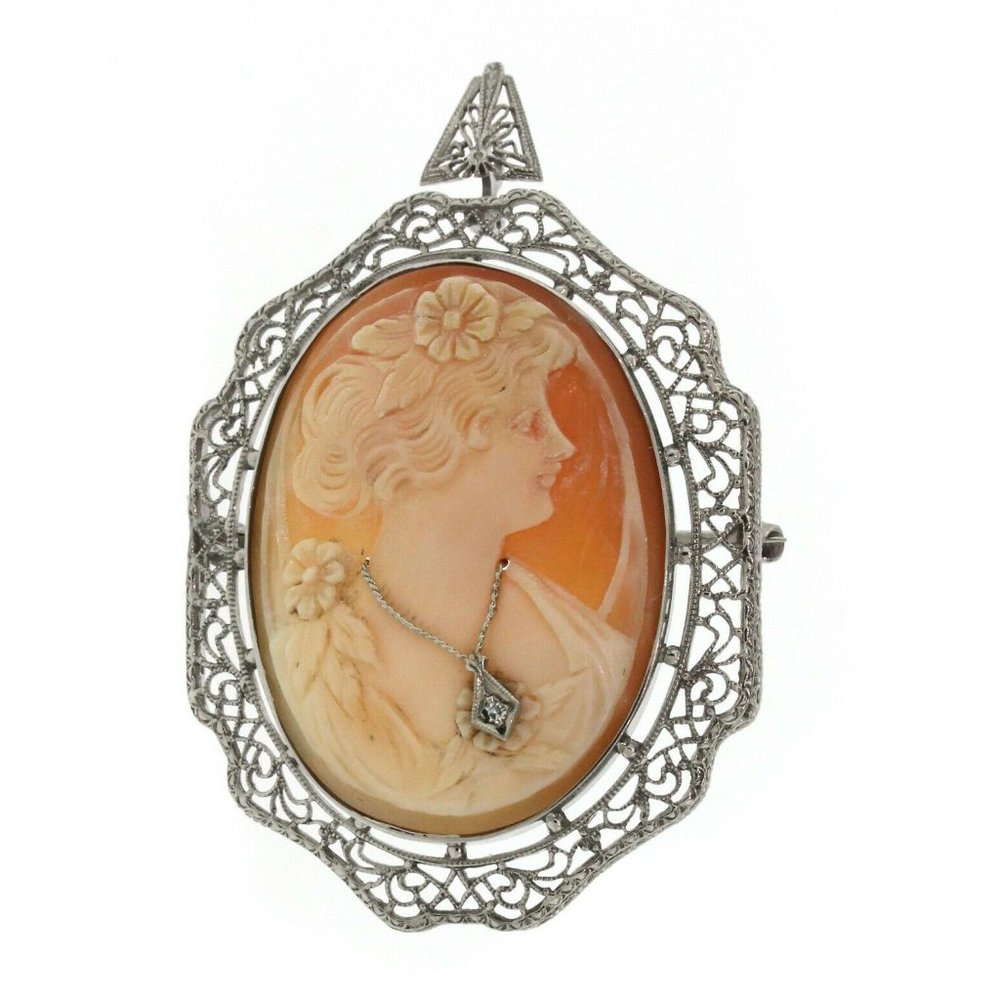 VINTAGE 14K WHITE GOLD CAMEO SHELL BROOCH/PENDANT